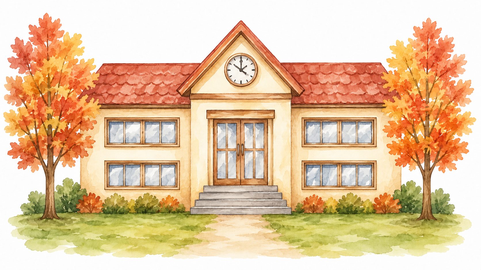 A watercolour-style school building with autumn trees and a clock above the entrance
